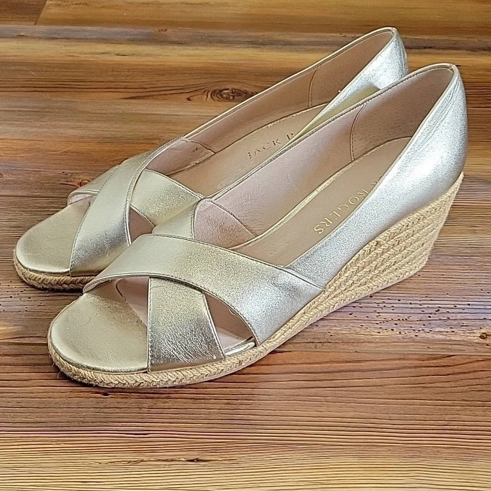 Jack Rogers Womens Palmer Criss Cross Gold Leather Wedge Sandals Size 10M
